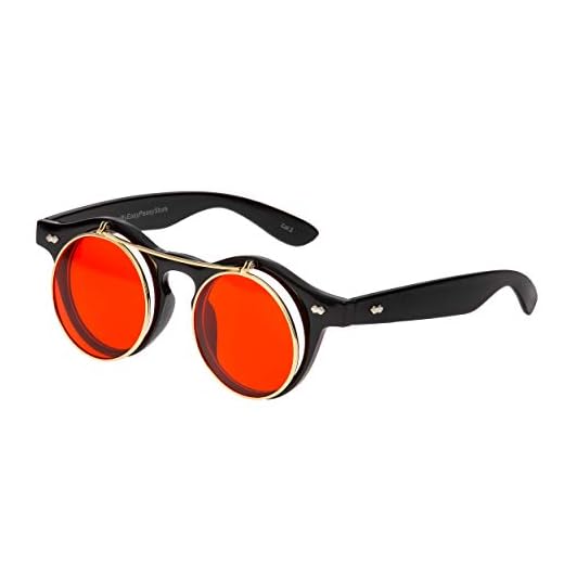 Ultra Steampunk Flip Up solglasögon runda glasögon retro glasögon herr damer UV400, Black Frame Red Lenses,