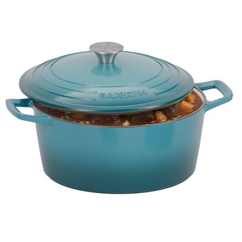 Image of Bakken Enameled Cast Iron Dutch Oven Pot, 6QT Dutch Oven for Bread Baking, Braising & Roasting, Kitchen & Campfire Cooking, Moisture-Locking Lid, Oven Safe Up To 500F, Works on All Cooktops, Teal