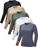 CE' CERDR 3/5 Pack Womens Long Sleeve Thermal Shirts Crew Neck Fleece Lined Basic Fitted Workout Going Out Underscrubs Tops, Black, White, Nude, Olive Green, Dark Blue, Medium