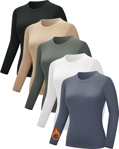 CE' CERDR 3/5 Pack Womens Long Sleeve Thermal Shirts Crew Neck Fleece Lined Basic Fitted Workout Going Out Underscrubs Tops, Black, White, Nude, Olive Green, Dark Blue, Medium