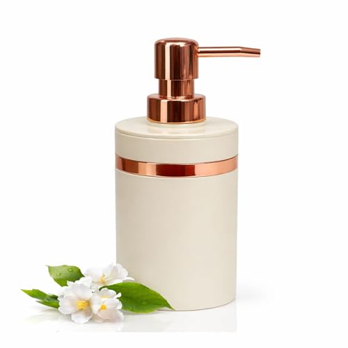 Image of Luxe Home International Rosegold & Ivory Plastic Soap Dispenser for Bathroom and Kitchen Sink Leak Proof Liquid Hand Wash Round Bottle Lightweight Smooth Finish (16x8 cm Rosegold & Ivory) Pack of 1