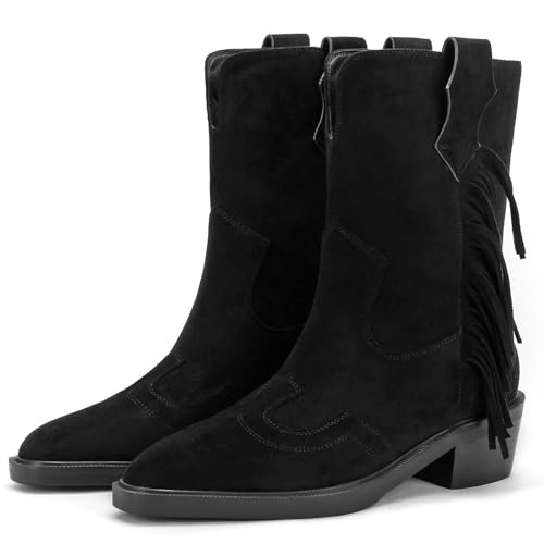 Cowboy Women's Fringe Western Boots Pointed Toe Mid Calf Boots Block Heel 1.5 IN Low Chunky Heels Boots Fashion Dressy Shoes2