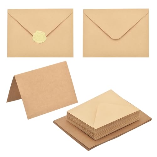 PATIKIL 50Set Light Brown 4x6 Blank Card and Envelope Gold Sticker