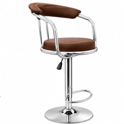 GUNJI Adjustable Bar Stool Chair for Kitchen Counter & Home Bar, Hydraulic Height Adjustable Swivel Chair, PU Leather Seat with Footrest, Chrome Base, Modern Counter Stool (1, Brown, Round)