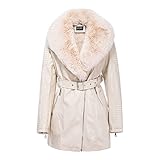 GRAN ORIENTE Beige Faux Leather Jacket for Women with Faux Fur Collar Long Sleeve Parka with Pockets