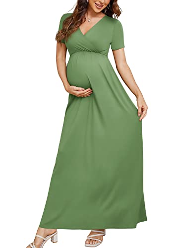 Xpenyo Maternity Dress Casual Short Sleeve Wrap Ruched Maxi Long Baby Shower Dresses Olive Green Xl #TOP12