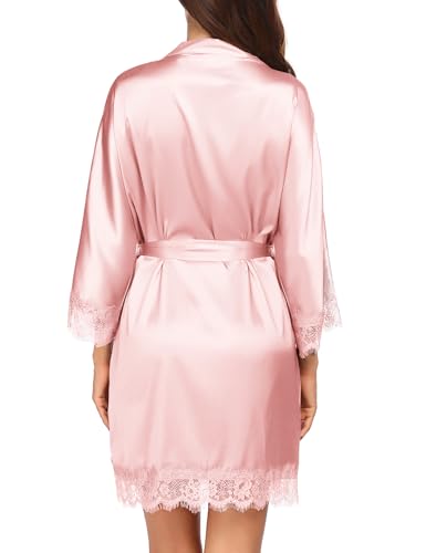 Image of Ekouaer Womens Silk Robes Short Lace Trim Satin Bride Bathrobe with Pockets
