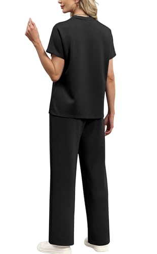 XIEERDUO Womens Lounge Sets Casual Summer Two Piece Outfits Spring Batwing Sleeve Loungewear Airport Tracksuits Travel Track Suits Vacation Clothes Wide Leg Long Pants Matching Clothing Black XL - Thumbnail 5
