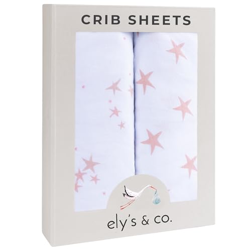 Image of Ely’s & Co. Crib Sheets, Baby Girl Fitted Crib Mattress Sheet Set, 2 Pack, 100% Jersey Knit Cotton, Infant and Toddler Nursery Bedding, Dusty Rose and Mauve Pink Star Print, 28” x 52”