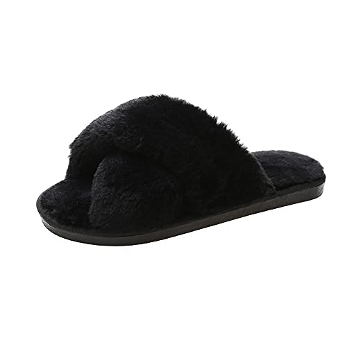 Pantoufles antidérapantes pour femme avec bande croisée et bout ouvert - En fausse fourrure douce et moelleuse - Pour femme, Noir , 36.5/37.5 EU Cover