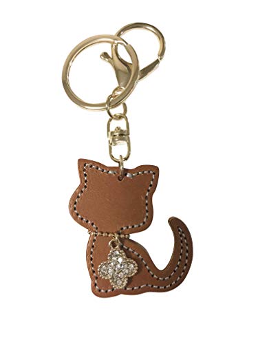 最安値 Ajmstyle 本革 猫 キーホルダー バッグ チャーム ラインストーン クローバー チャーム付 ネコ イタリアン レザー レディース 343 キャメル の価格比較