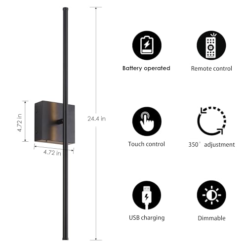 Image of KARTOOSH 24.4 Inch Wall Sconces Battery Operated for Living Room Black | Rechargeable Wireless Wall Lamp Set of 2, 3000K Warm White Dimmable Wall Light Remote Control Indoor Lighting for Bedroom