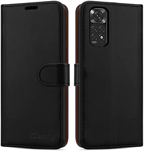 iCatchy for Xiaomi Redmi Note 11 Case Leather Wallet Book Flip Folio Stand View Cover with Card Slots and Kickstand for Redmi Note 11 Phone Cover (Black)