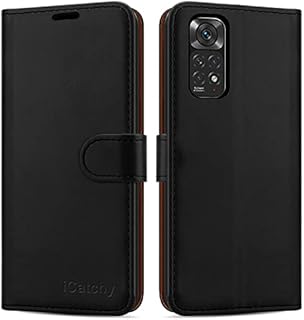 iCatchy for Xiaomi Redmi Note 11 Case Leather Wallet Book Flip Folio Stand View Cover with Card Slots and Kickstand for Redmi Note 11 Phone Cover (Black)