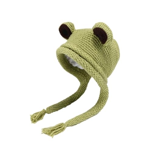 Bonnet grenouille tricoté en vert avec grands yeux et cache-oreilles chaud pour femme
