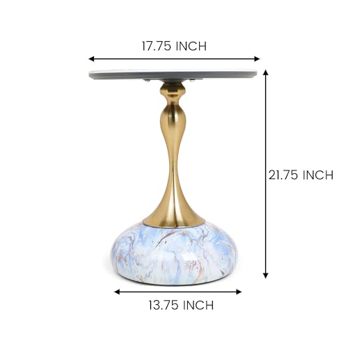 Image of Round Side Table with Marble Top, Brushed Golden Pedestal Base, Metal Base with Marble Effect, Modern Accent Table for Living Room, Bedroom (Blue-ish White)