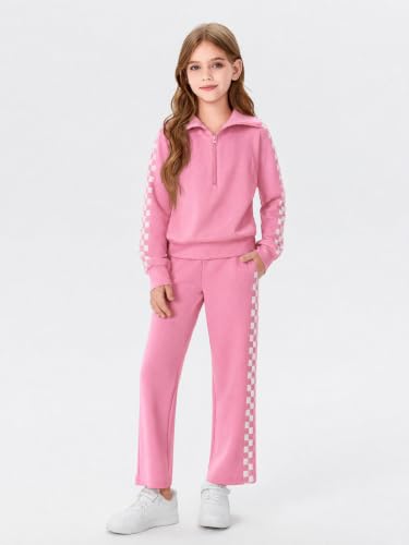 Image of Haloumoning Girls Sweatsuit 2 Piece Zip Long Sleeve Sweat Outfits | Half Zip,Waist drawstring,girls tracksuit