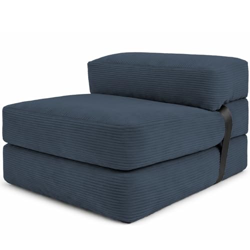 bananair - Sofá Cama 1 Plaza Convertible - Cama Individual Desfundable en Terciopelo Acanalado - Sillon Una Plaza, Futón Japonés Práctico y Confortable, Acolchado en Espuma (70 x 190 cm, Azul)