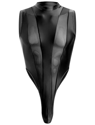 ABAFIP Men's Mesh Sheer Bodysuit Mock Neck Spliced Sleeveless High Cut Thong Leotard Singlet Underpants Black One Size