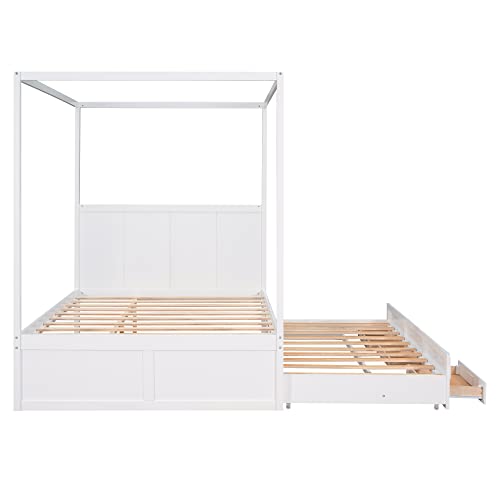 Queen Size Canopy Bed With Twin Size Trundle And Three Storage Drawers, Solid Wood Platform Bed Frame With Headboard, Slat Support Modern 4 Poster Bed For Kids, Teens, Adults (White) #TOP6