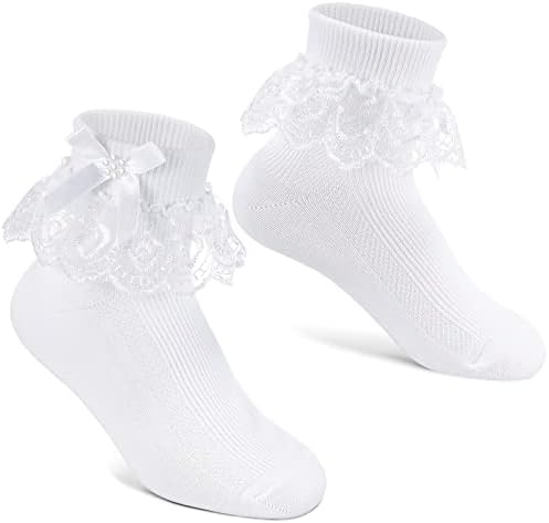 Geyoga Girls White Lace Frilly Socks Cute White Bow Ankle Socks Girls Socks Soft Cotton Socks Cream Ivory School Socks for Baby Infant Girls Kids