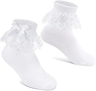Geyoga Girls White Lace Frilly Socks Cute White Bow Ankle Socks Girls Socks Soft Cotton Socks Cream Ivory School Socks for Baby Infant Girls Kids