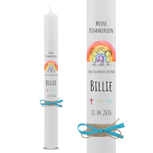 VILLA ROSA LOTTA Bougie de communion personnalisable « Billie » avec données souhaitées, dos et boîte en bois | Thème arc-en-ciel 2026 | 40 cm x 4 cm | pour garçons et filles | Bougie d'autel ivoire