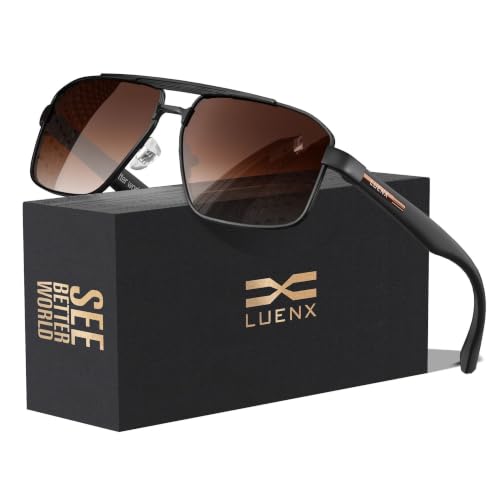 Image of LUENX Aviator Sunglasses for Men Square Polarized Polygon Lens - UV 400 Protection with Accessories