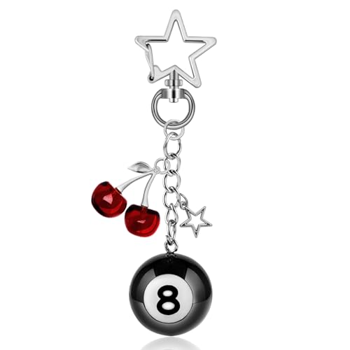 TUCEWP 8 Ball Keychain Lucky Pool Ball Keychain Gift for Billiards Lover Red Cherry Keychains Black Eight Ball Keychains with Star Keyring Holder Creative Billiard Key Chain for Men Pool Player Gift