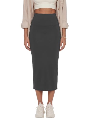 Image of Rooscier Women's High Waisted Pencil Midi Skirt | Stretchy Bodycon Knee Length Skirts with Back Slit