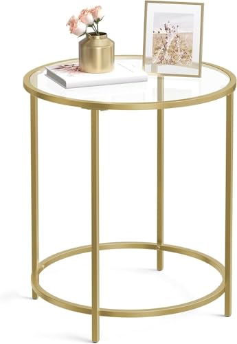 Vasagle Round Side Table, Tempered Glass End Table with Golden Metal Frame, Small Coffee Table, Bedside Table, Living Room, Balcony, Robust and Stable, Decorative, Gold