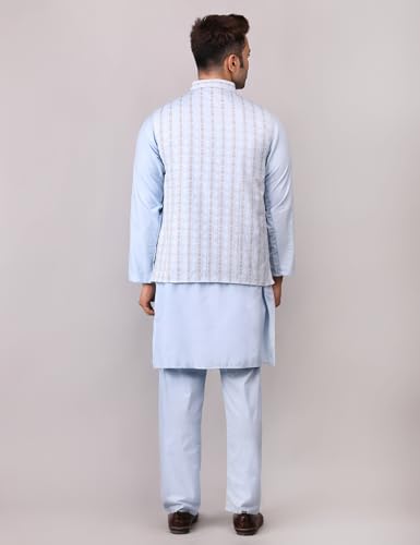 Image of Men's Cotton Silk Blend Regular Kurta Pyjama, Embroidered Nehru Jacket /Waistcoat Set