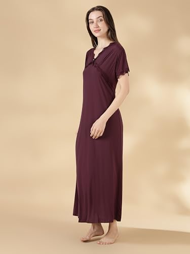 Image of 9shines Label Stylish Soft Modal Maxi Nighty | Honeymoon Nighty | Full Length Trendy Nightgown | V-Neck Lace | Premium Nightdress | Soft Long Nightdress | Maxi Gown Nightwear for Women (Malai Satin)