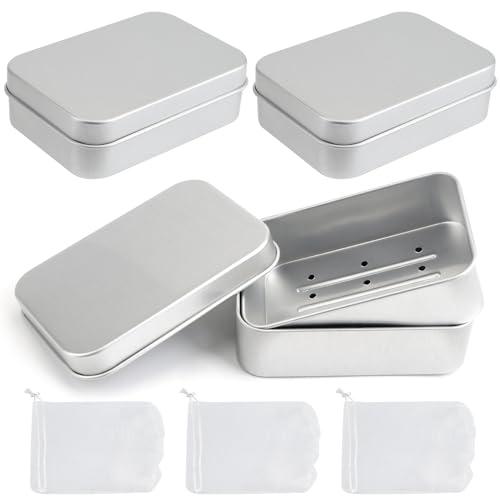 Boîte à Savon, 3PCS Boite Metallique en Aluminium Solide, Boîte à Savon de Voyage avec Égouttoir Amovible et Couvercle Étanche, Petite Boite Metal pour...