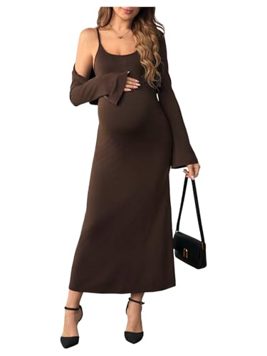 OYOANGLE Women's Maternity 2 Piece Outfits Scoop Neck Bodycon Long Cami Dress and Long Sleeve Cropped Cardigan Set