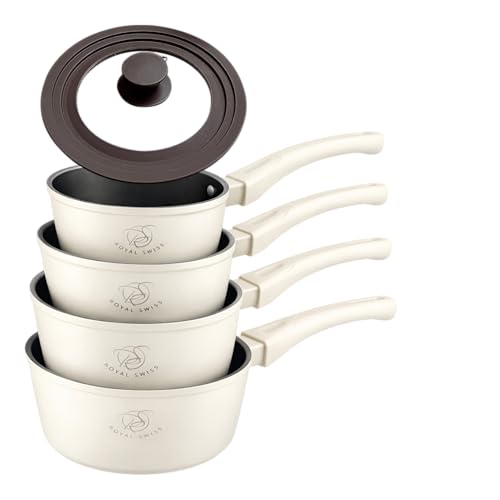 Royal Swiss Lot de 5 casseroles – Casseroles 14/16/18/20 cm avec couvercle en verre universel, revêtement antiadhésif, compatible induction, peu encombrant