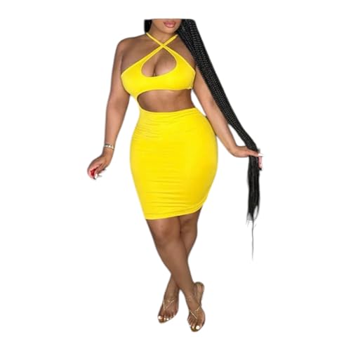 Women's Two Piece Outfit, Halter Crop Top and Bodycon Mini Skirt Set, Yellow