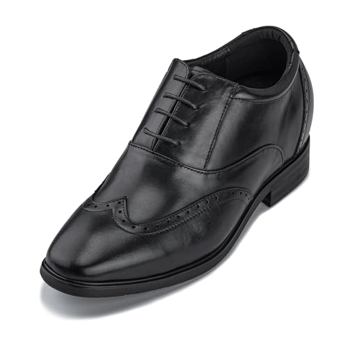 CALTO Men's Invisible Height Increasing Elevator Shoes - Black Leather Lace-up Brogue Wing-tip Oxfords - 3.2 Inches Taller - G51123 - Size 10 D(M) US