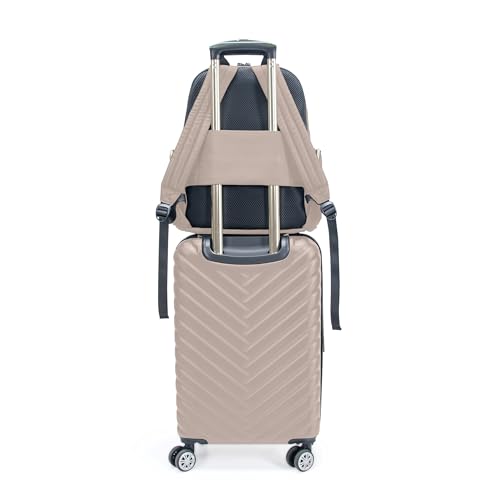Image of Kenneth Cole REACTION Madison Square Lightweight Hardside Chevron Expandable Spinner Luggage, Taupe, 2-Piece (20 inch Carry On + Sophie Backpack), Kenneth Cole Reaction Women's Madison Square Hardside