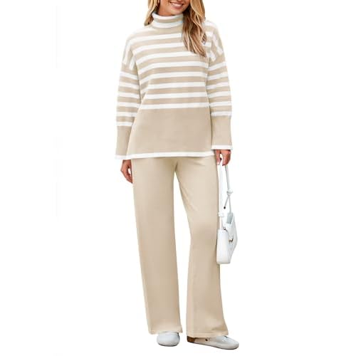 Pink Queen Lounge Sets For Women Two Pieces Long Sleeve Striped Sweater and Wide Leg Pants Tracksuit Sand White Small