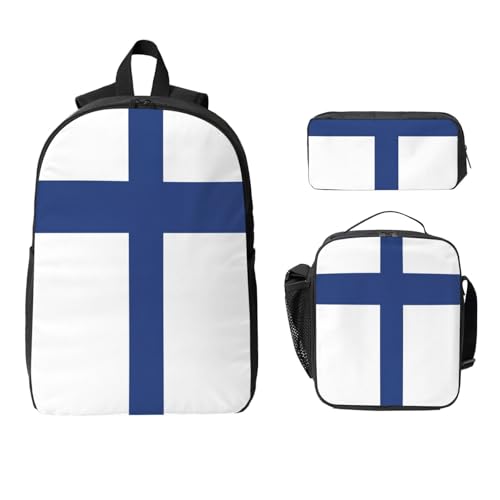 Finnish flag print Shoulder Bookbags Lunch Bag and Pen Case 17 inches Backpack with Lunch Box, Cute Bookbag Set2