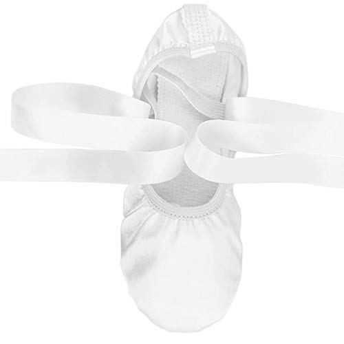 iCKER Girls Pink Ballet Dance Shoes Split Sole with Satin Ballet Slippers Flats Gymnastics Shoes BA01-White-12 Little_Kid