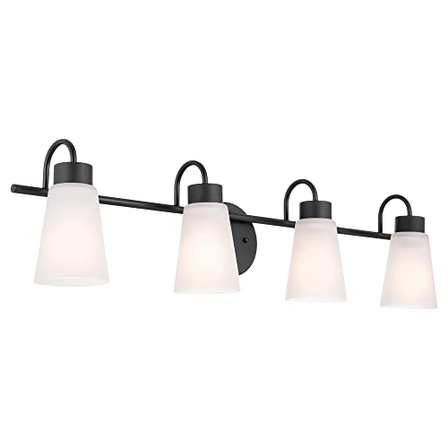 Image of Kichler Erma 4-Light Bathroom Vanity Light Fixture with Satin Etched Glass Shades, Updated Traditional Wall Mount Lighting in Black for Mirror Above Vanity (32.5 inch x 8.5 inch), 55127BK