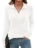 Romanstii Collared Sweaters for Women Knitted Long Sleeve V Neck Fitted Polo Shirts Trendy Winter Pullover Tops,White,M