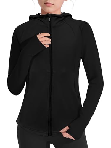 Girls Rash guard Long Sleeve Jackets Zipper Athletic Hoodie Top Fishing Hiking UV Protection Outerwear