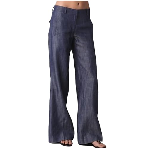HGps8w Women's Denim Print Casual Wide Leg Pants High Waisted Dressy Business Palazzo Pants with Pockets