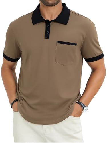 Image of Men's Casual Polo Shirts Summer Short Sleeve Contrast Collar Buttoned Tee Polo Shirt with Pocket