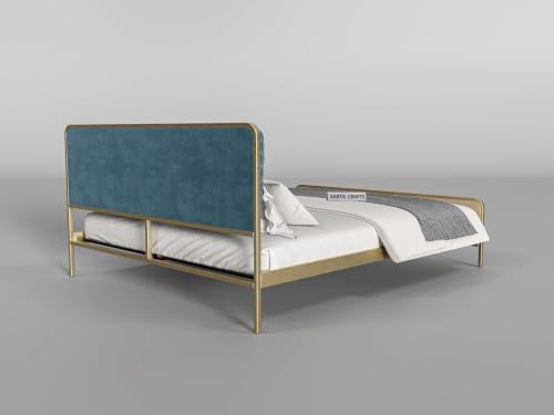 Image of Modern Upholstered Double Size Bed for Bedroom | Metal Double Bed | Platform Cot Bed with Upholstery Premium Fabric | 6.5 x 4 Ft | Powder Coated Metal Beds | Turquise