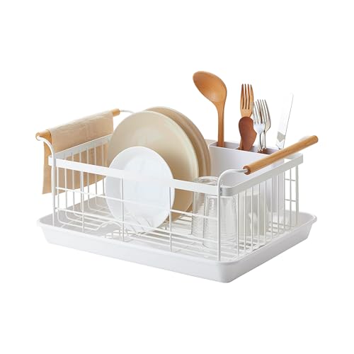 Yamazaki Home Dish Drying Rack – Modern White Dish Rack for Kitchen Counter with Removable Drainer Tray and Cutlery Holder, Steel + Wood Dish Drying Organizer, Small Space-Saving Design