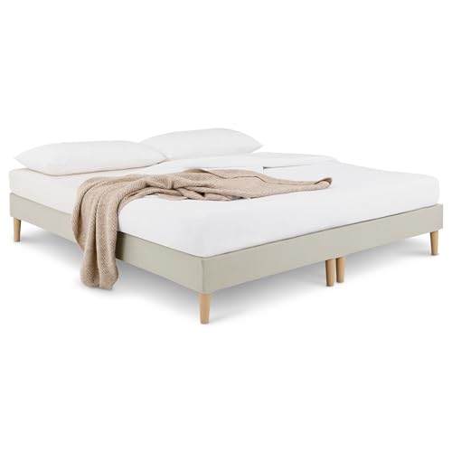 IDIMEX Sommier tapissier Rennes 180 x 200 cm Structure en Bois et revêtement en Tissu Beige, Cadre de lit avec Pieds et sommier à Lattes déhoussable pour 1...